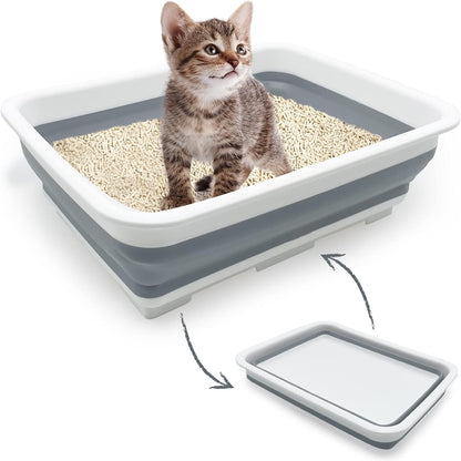 Open Cat Litter Box, Kitten Potty Pan Semi-Enclosed Foldable Waterproof Travel Toilet for Indoor Cats Small Pet Kitty Rabbit Supplies Easy to Clean and Assemble 14.6"×10.6"