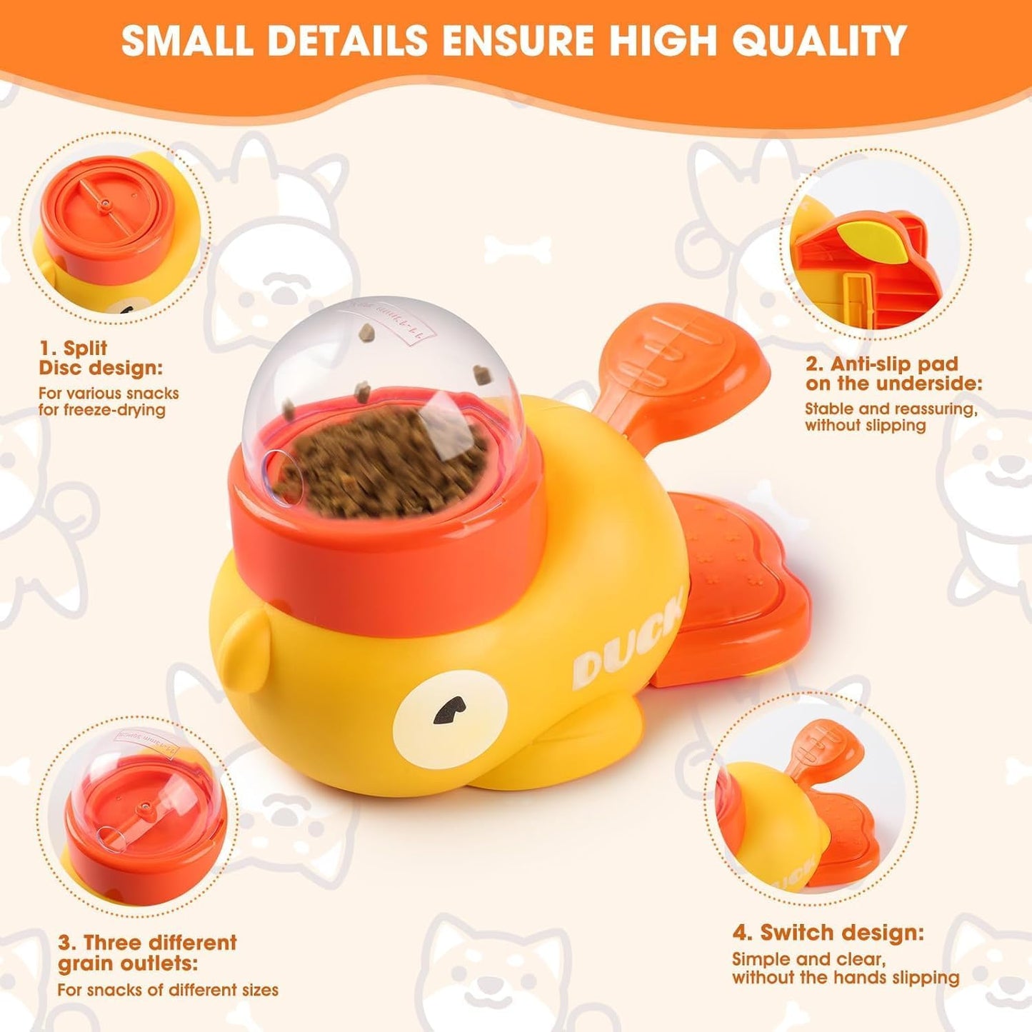 Dog Interactive Treat Dispenser, Yellow Duck Design, Cat Treat Dispenser with Button, Slow Feeding Dispenser for Small and Large Cats Dogs