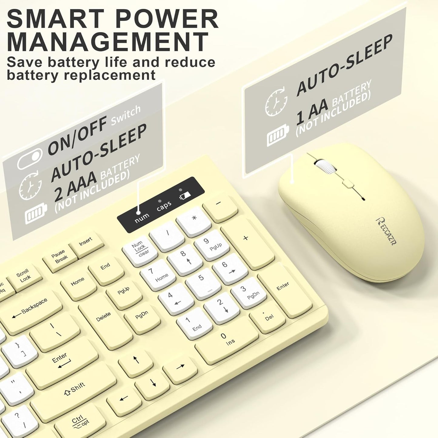 Wireless Keyboard and Mouse Combo, Full-Sized Wireless Keyboard and Adjustable DPI Mouse, 2.4GHz USB Receiver, Silent Keyboard and Mouse for PC, Windows, MAC, Desktop, Laptop (Canary Yellow-B)
