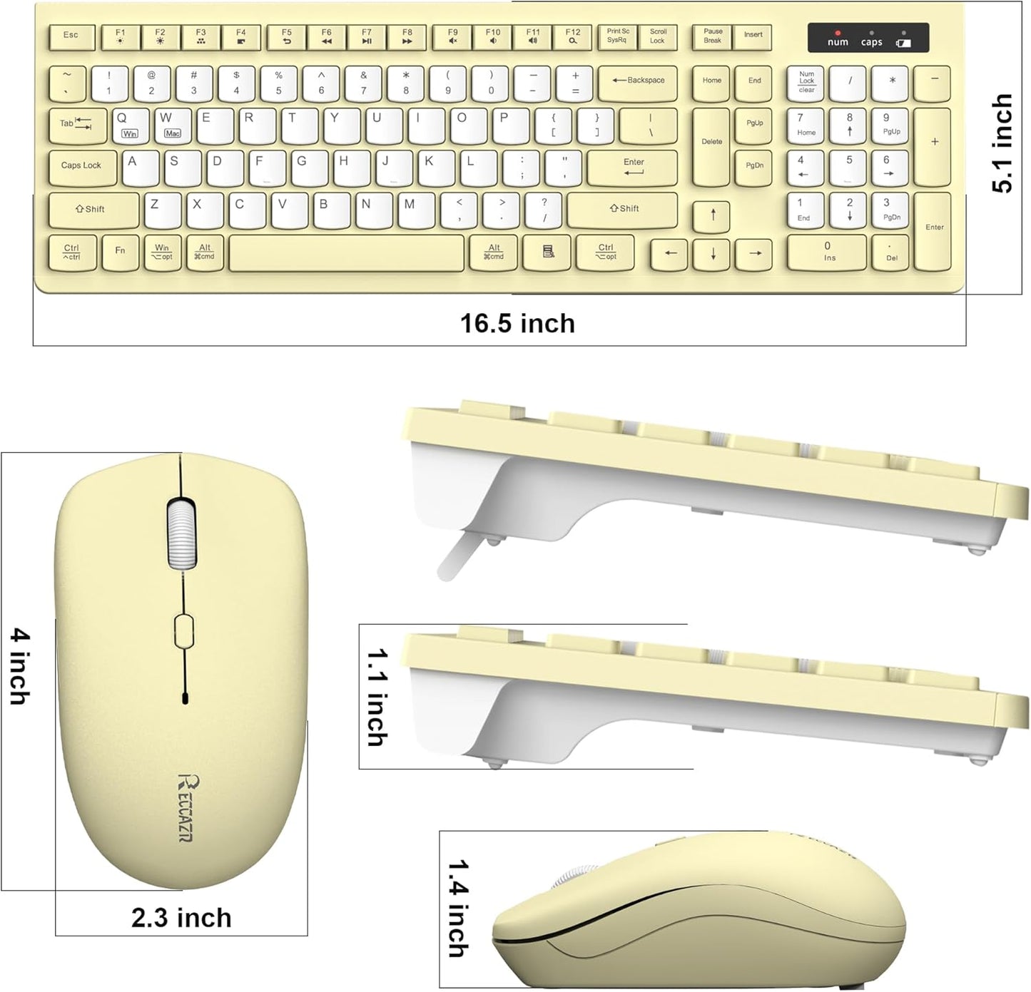 Wireless Keyboard and Mouse Combo, Full-Sized Wireless Keyboard and Adjustable DPI Mouse, 2.4GHz USB Receiver, Silent Keyboard and Mouse for PC, Windows, MAC, Desktop, Laptop (Canary Yellow-B)