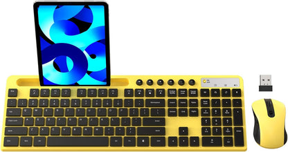 Wireless Keyboard and Mouse Combo, 2.4G Ergonomic Wireless Computer Keyboard with Phone Tablet Holder, Silent Mouse with 6 Button, Compatible with MacBook, Windows (Yellow)