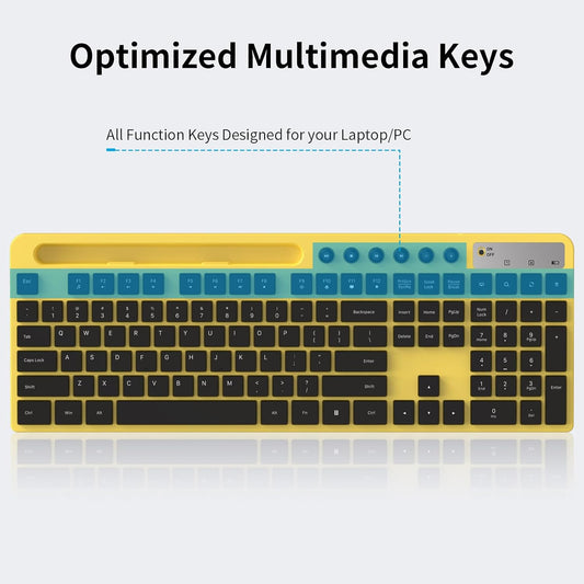 Wireless Keyboard and Mouse Combo, 2.4G Ergonomic Wireless Computer Keyboard with Phone Tablet Holder, Silent Mouse with 6 Button, Compatible with MacBook, Windows (Yellow)