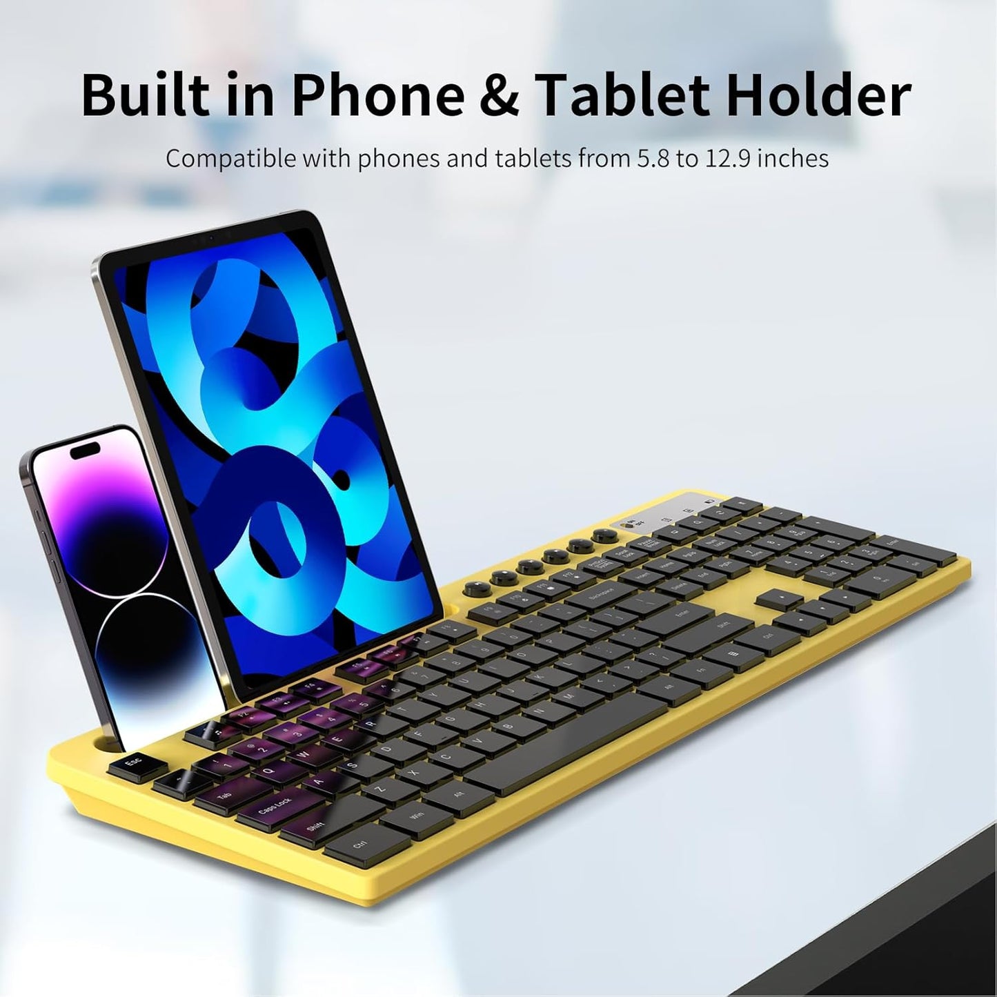 Wireless Keyboard and Mouse Combo, 2.4G Ergonomic Wireless Computer Keyboard with Phone Tablet Holder, Silent Mouse with 6 Button, Compatible with MacBook, Windows (Yellow)
