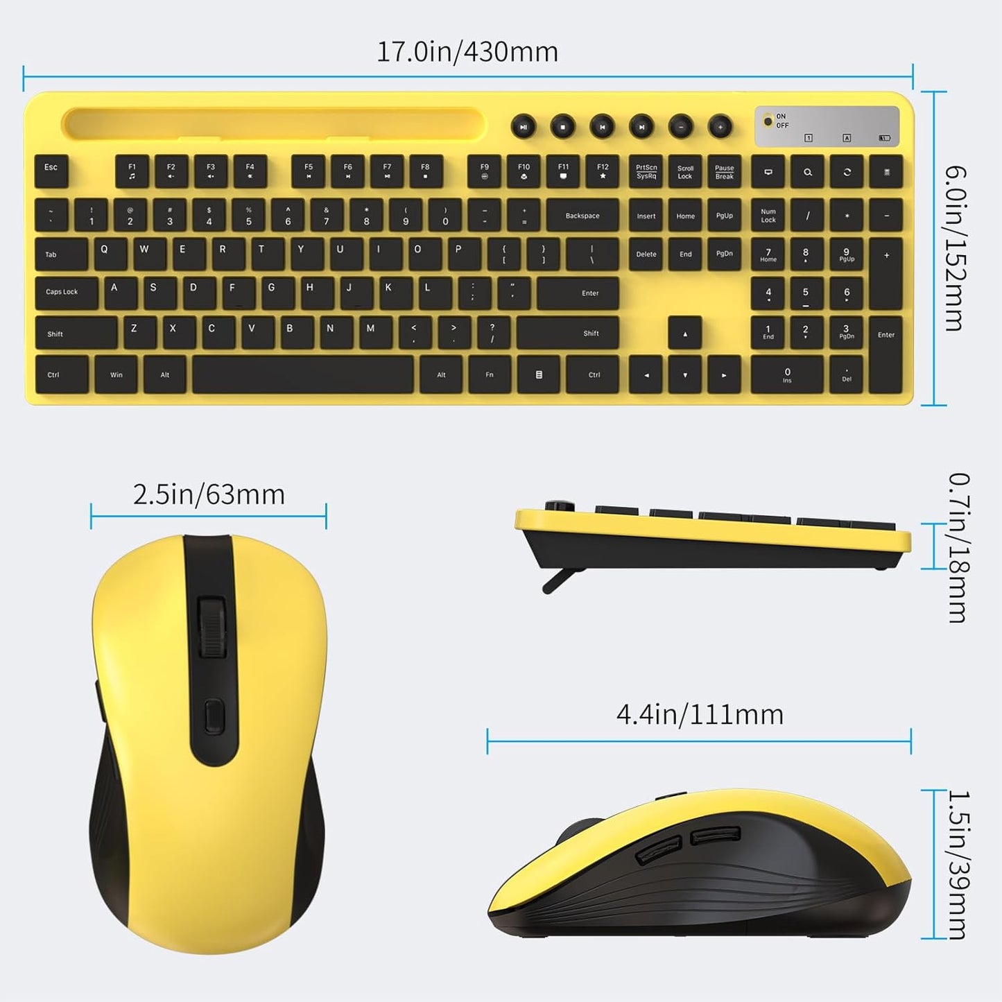 Wireless Keyboard and Mouse Combo, 2.4G Ergonomic Wireless Computer Keyboard with Phone Tablet Holder, Silent Mouse with 6 Button, Compatible with MacBook, Windows (Yellow)