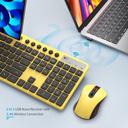 Wireless Keyboard and Mouse Combo, 2.4G Ergonomic Wireless Computer Keyboard with Phone Tablet Holder, Silent Mouse with 6 Button, Compatible with MacBook, Windows (Yellow)