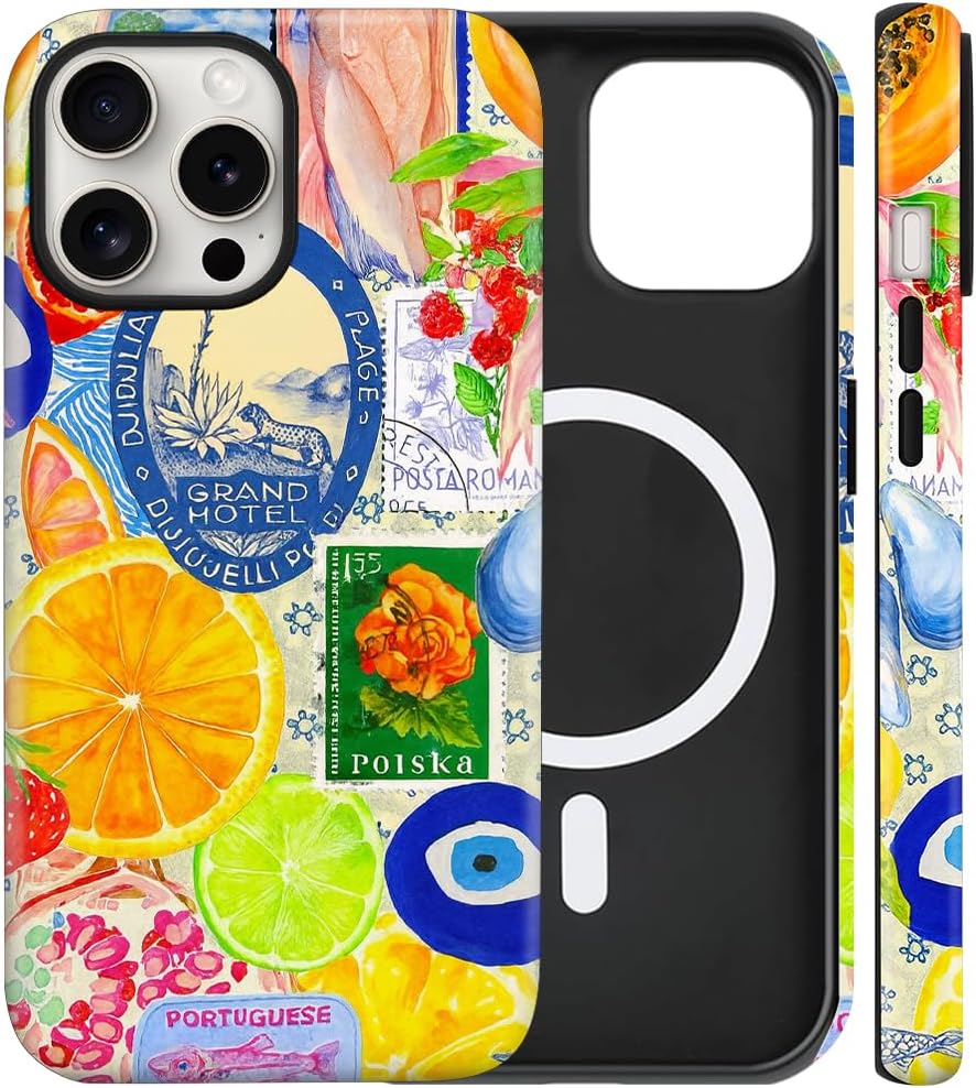 Magnetic for iPhone 13/14 Cute Beachy Art Phone Case, Fruit Lemon | Summer European Collage Shockproof Slim TPU+Hard PC Protective Phone Case, Compatible with MagSafe Gift for Women Girls