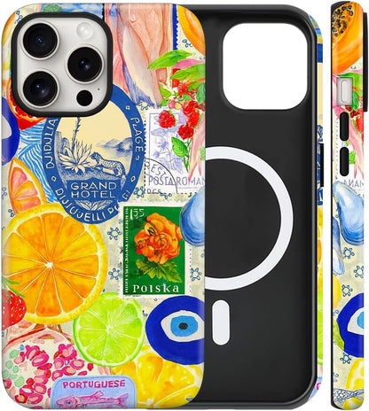 Magnetic for iPhone 13/14 Cute Beachy Art Phone Case, Fruit Lemon | Summer European Collage Shockproof Slim TPU+Hard PC Protective Phone Case, Compatible with MagSafe Gift for Women Girls