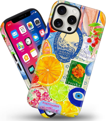 Magnetic for iPhone 13/14 Cute Beachy Art Phone Case, Fruit Lemon | Summer European Collage Shockproof Slim TPU+Hard PC Protective Phone Case, Compatible with MagSafe Gift for Women Girls