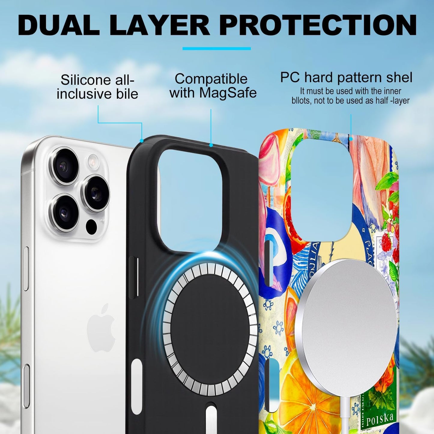 Magnetic for iPhone 13/14 Cute Beachy Art Phone Case, Fruit Lemon | Summer European Collage Shockproof Slim TPU+Hard PC Protective Phone Case, Compatible with MagSafe Gift for Women Girls