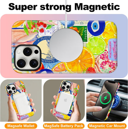 Magnetic for iPhone 13/14 Cute Beachy Art Phone Case, Fruit Lemon | Summer European Collage Shockproof Slim TPU+Hard PC Protective Phone Case, Compatible with MagSafe Gift for Women Girls