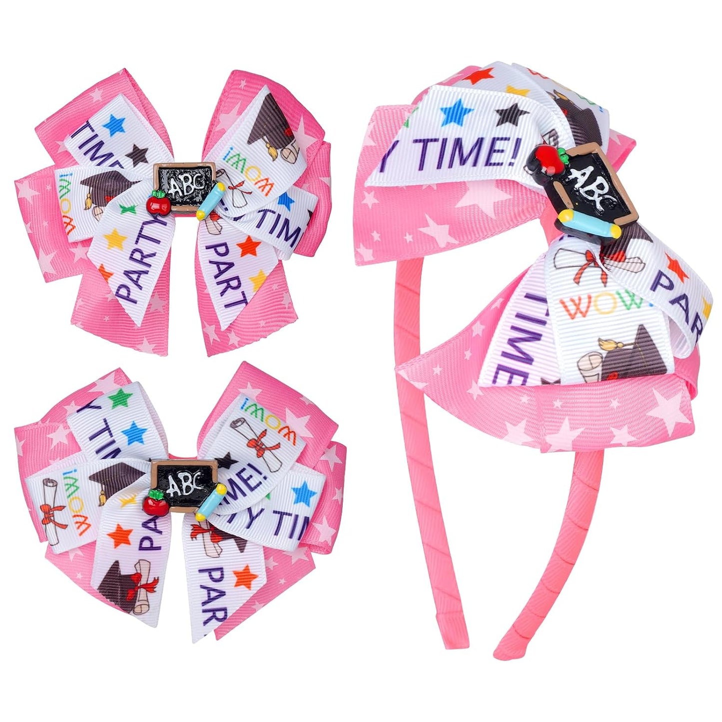 Back to School Hair Accessories Set - Bow Hair Clips and Headband | First Day of School Outfits for Girls - Bow Headband and 2 hair clips Set, Bright Yellow and Pink Options