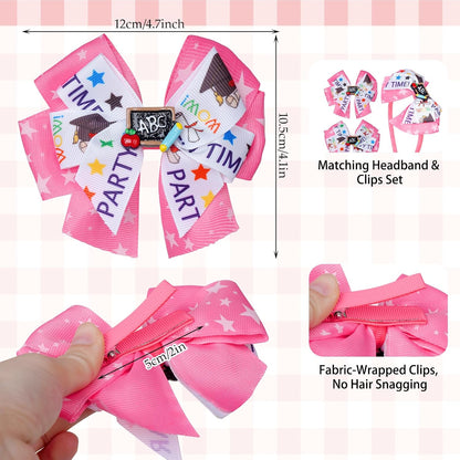 Back to School Hair Accessories Set - Bow Hair Clips and Headband | First Day of School Outfits for Girls - Bow Headband and 2 hair clips Set, Bright Yellow and Pink Options