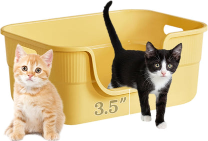 Low Entry Kitty Litter Box for Small Cats, Kittens Litter Boxes with High Sides, Open Top, Anti-Splash Plastic Litter Pan for Medium Pets, Easy to Clean, 16.5" L*11.8" W*7" H (Yellow)