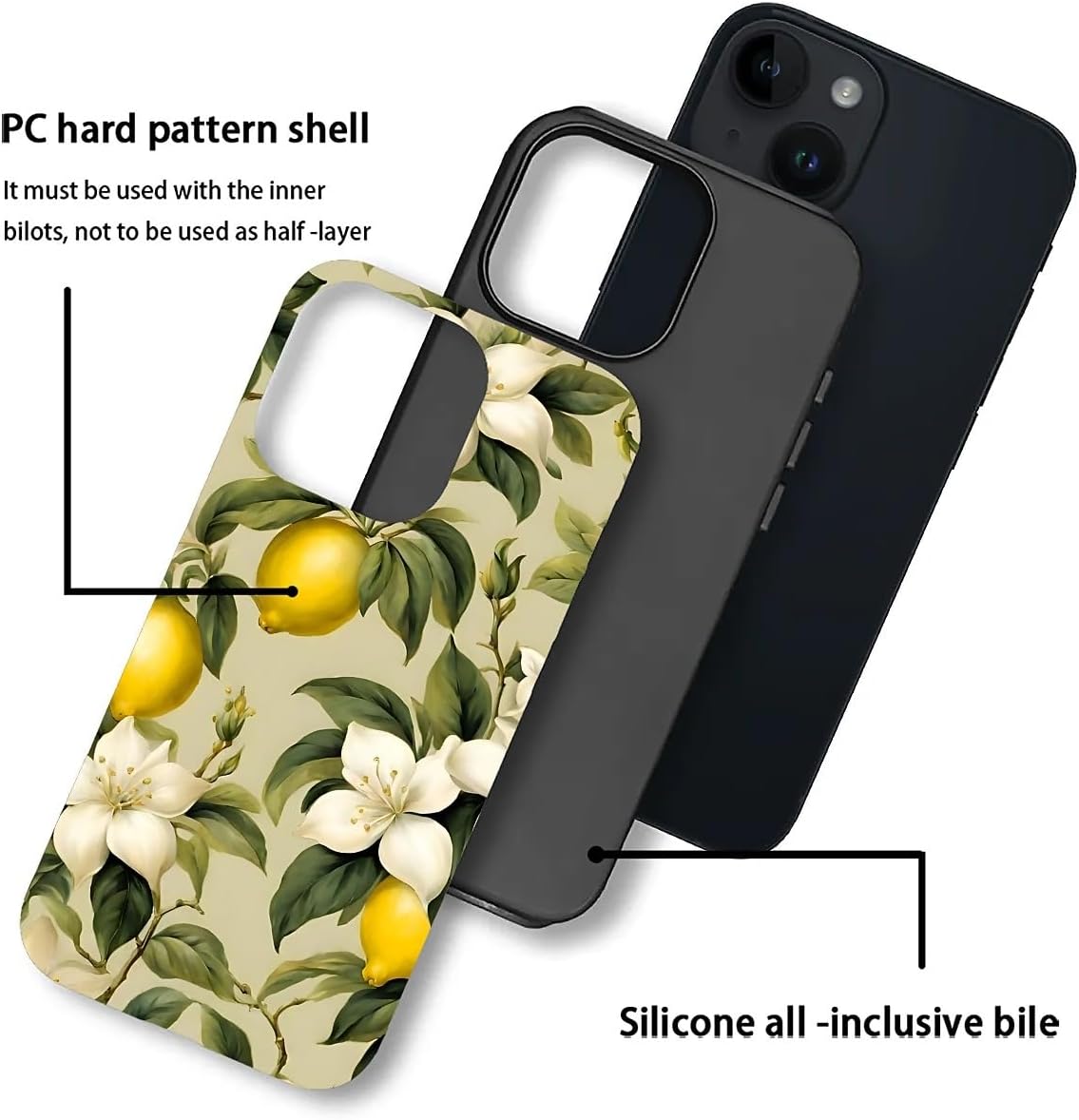 Case for iPhone 13/14,Camellia Lemon Exquisitely Pattern Double Protective Phone Cover Cases Soft Silicone for iPhone 13/14