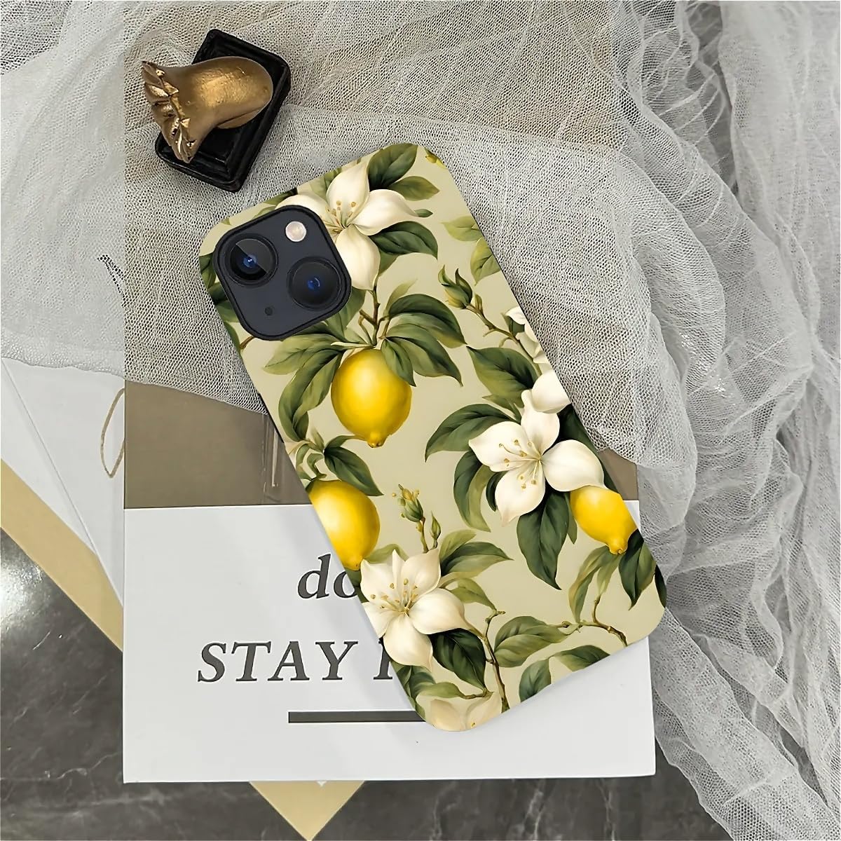 Case for iPhone 13/14,Camellia Lemon Exquisitely Pattern Double Protective Phone Cover Cases Soft Silicone for iPhone 13/14