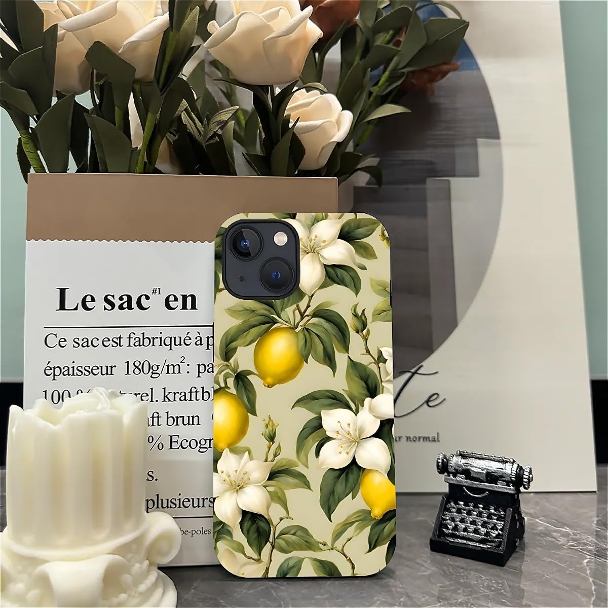 Case for iPhone 13/14,Camellia Lemon Exquisitely Pattern Double Protective Phone Cover Cases Soft Silicone for iPhone 13/14