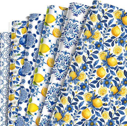12-Sheet Chinoiserie Lemons Wrapping Paper Set | Watercolor Blue Tiles & Yellow Lemon Designs | 19.7x27.6 Inch Folded Flat Art Paper for Gift Wrapping, DIY Crafts, Weddings & Birthdays.