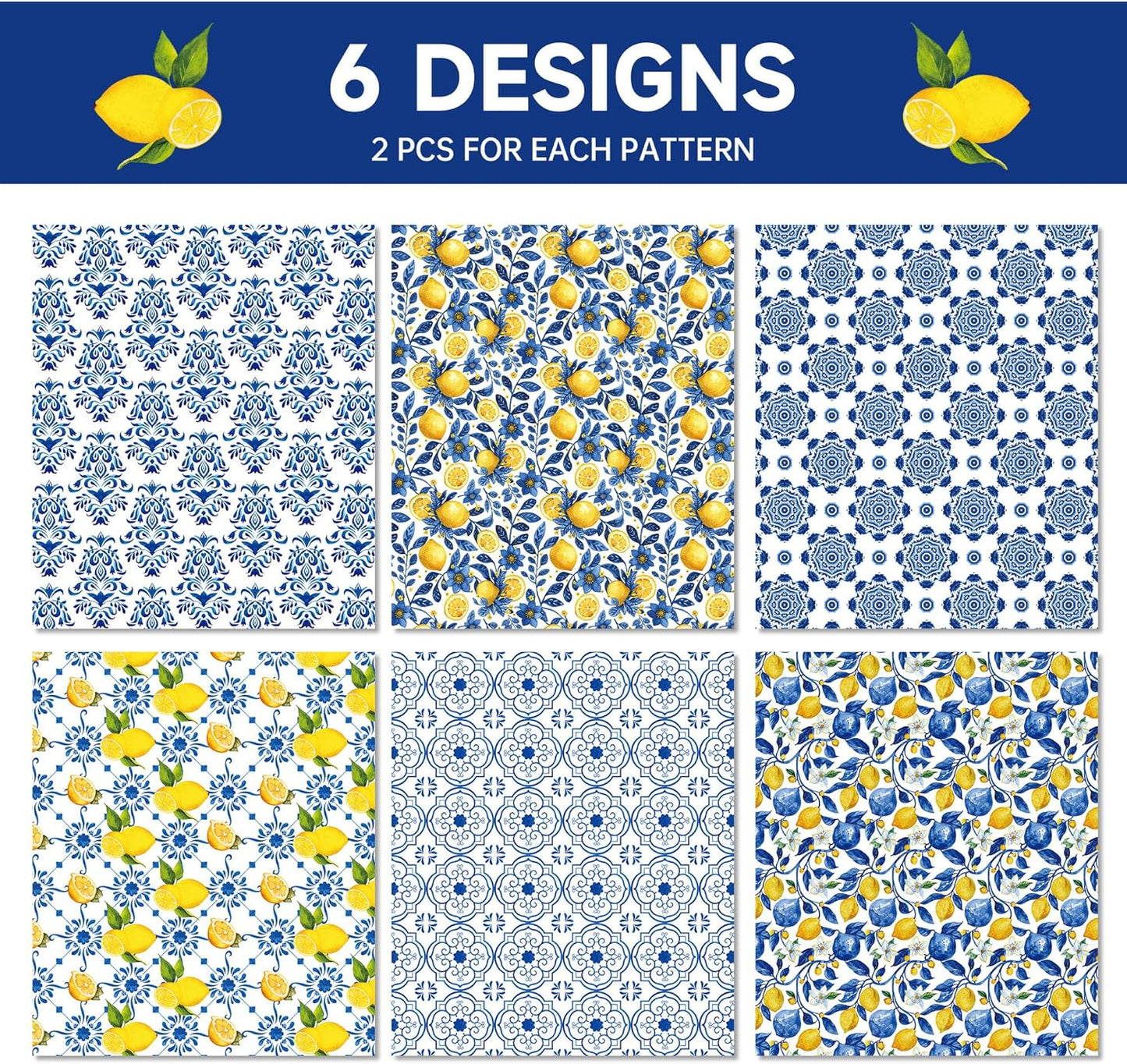 12-Sheet Chinoiserie Lemons Wrapping Paper Set | Watercolor Blue Tiles & Yellow Lemon Designs | 19.7x27.6 Inch Folded Flat Art Paper for Gift Wrapping, DIY Crafts, Weddings & Birthdays.