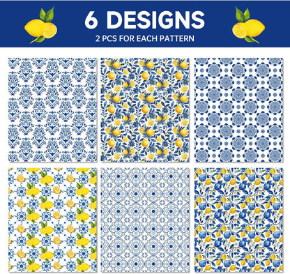 12-Sheet Chinoiserie Lemons Wrapping Paper Set | Watercolor Blue Tiles & Yellow Lemon Designs | 19.7x27.6 Inch Folded Flat Art Paper for Gift Wrapping, DIY Crafts, Weddings & Birthdays.