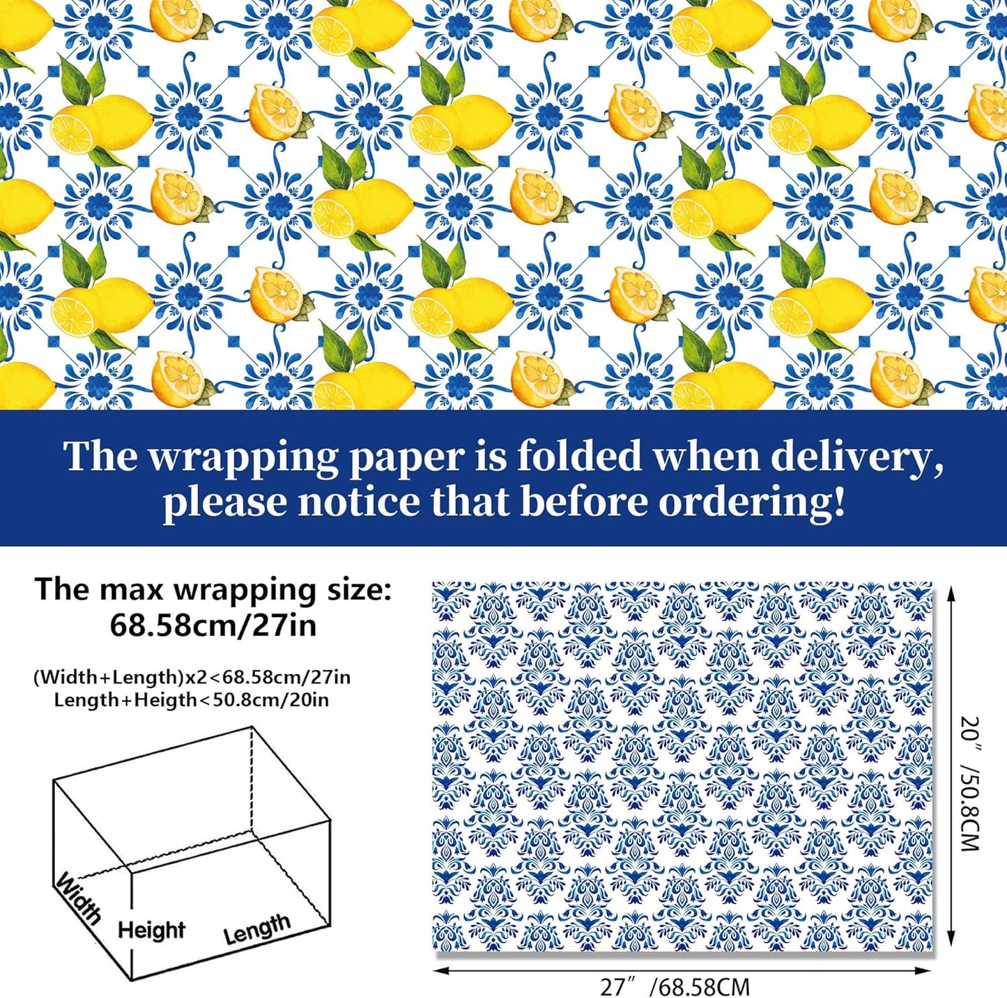 12-Sheet Chinoiserie Lemons Wrapping Paper Set | Watercolor Blue Tiles & Yellow Lemon Designs | 19.7x27.6 Inch Folded Flat Art Paper for Gift Wrapping, DIY Crafts, Weddings & Birthdays.