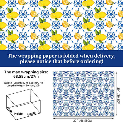 12-Sheet Chinoiserie Lemons Wrapping Paper Set | Watercolor Blue Tiles & Yellow Lemon Designs | 19.7x27.6 Inch Folded Flat Art Paper for Gift Wrapping, DIY Crafts, Weddings & Birthdays.