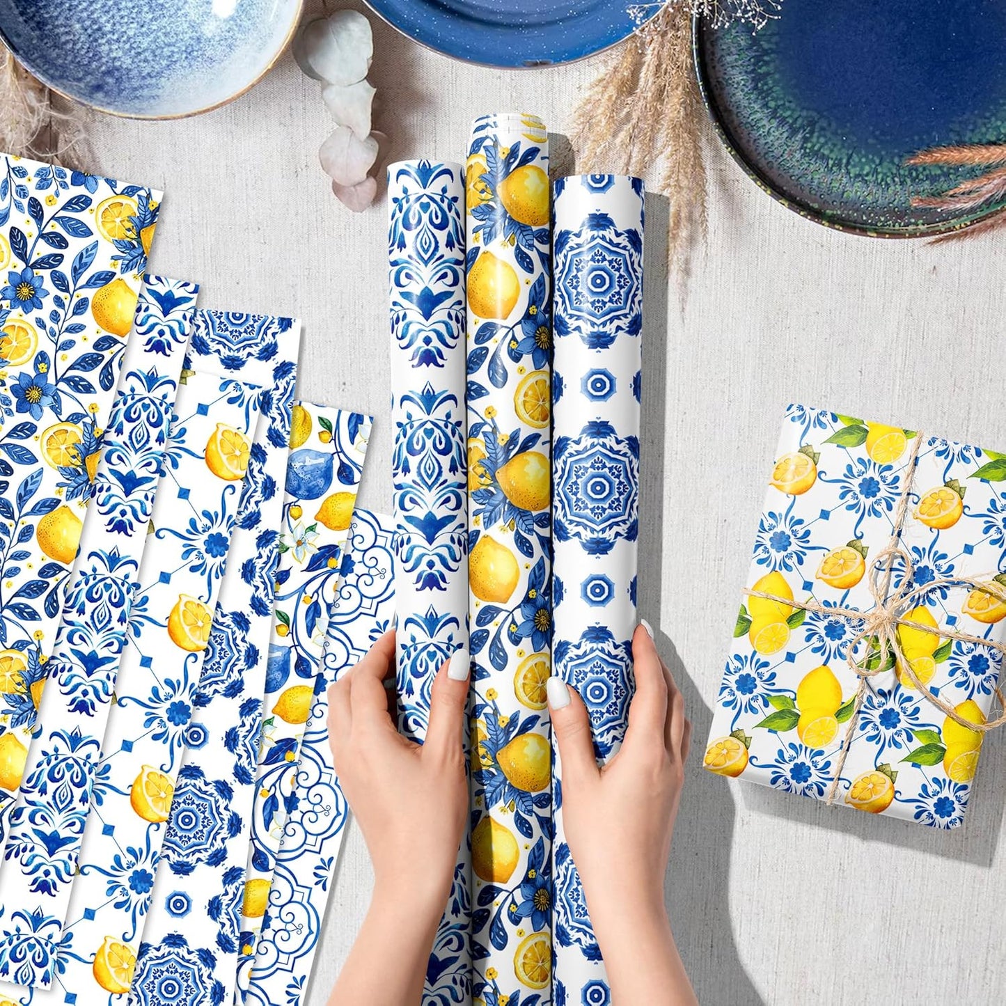12-Sheet Chinoiserie Lemons Wrapping Paper Set | Watercolor Blue Tiles & Yellow Lemon Designs | 19.7x27.6 Inch Folded Flat Art Paper for Gift Wrapping, DIY Crafts, Weddings & Birthdays.