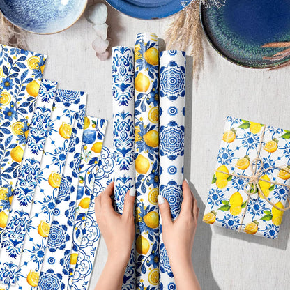 12-Sheet Chinoiserie Lemons Wrapping Paper Set | Watercolor Blue Tiles & Yellow Lemon Designs | 19.7x27.6 Inch Folded Flat Art Paper for Gift Wrapping, DIY Crafts, Weddings & Birthdays.