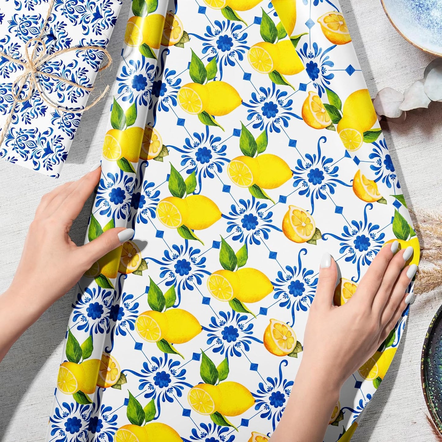 12-Sheet Chinoiserie Lemons Wrapping Paper Set | Watercolor Blue Tiles & Yellow Lemon Designs | 19.7x27.6 Inch Folded Flat Art Paper for Gift Wrapping, DIY Crafts, Weddings & Birthdays.