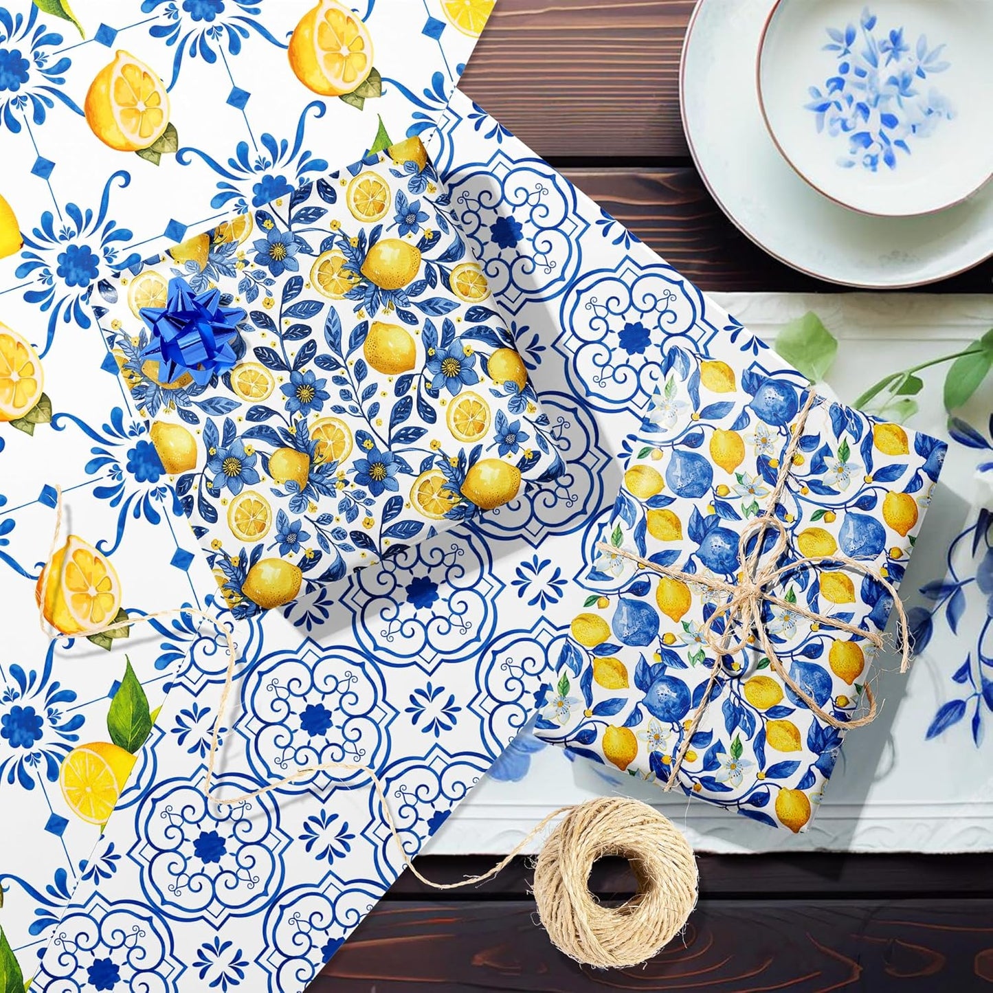 12-Sheet Chinoiserie Lemons Wrapping Paper Set | Watercolor Blue Tiles & Yellow Lemon Designs | 19.7x27.6 Inch Folded Flat Art Paper for Gift Wrapping, DIY Crafts, Weddings & Birthdays.