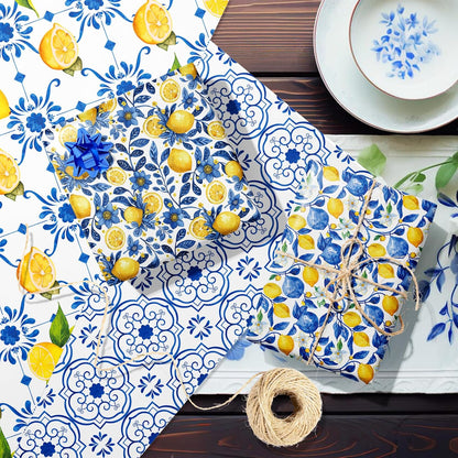 12-Sheet Chinoiserie Lemons Wrapping Paper Set | Watercolor Blue Tiles & Yellow Lemon Designs | 19.7x27.6 Inch Folded Flat Art Paper for Gift Wrapping, DIY Crafts, Weddings & Birthdays.