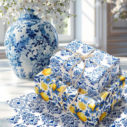 12-Sheet Chinoiserie Lemons Wrapping Paper Set | Watercolor Blue Tiles & Yellow Lemon Designs | 19.7x27.6 Inch Folded Flat Art Paper for Gift Wrapping, DIY Crafts, Weddings & Birthdays.