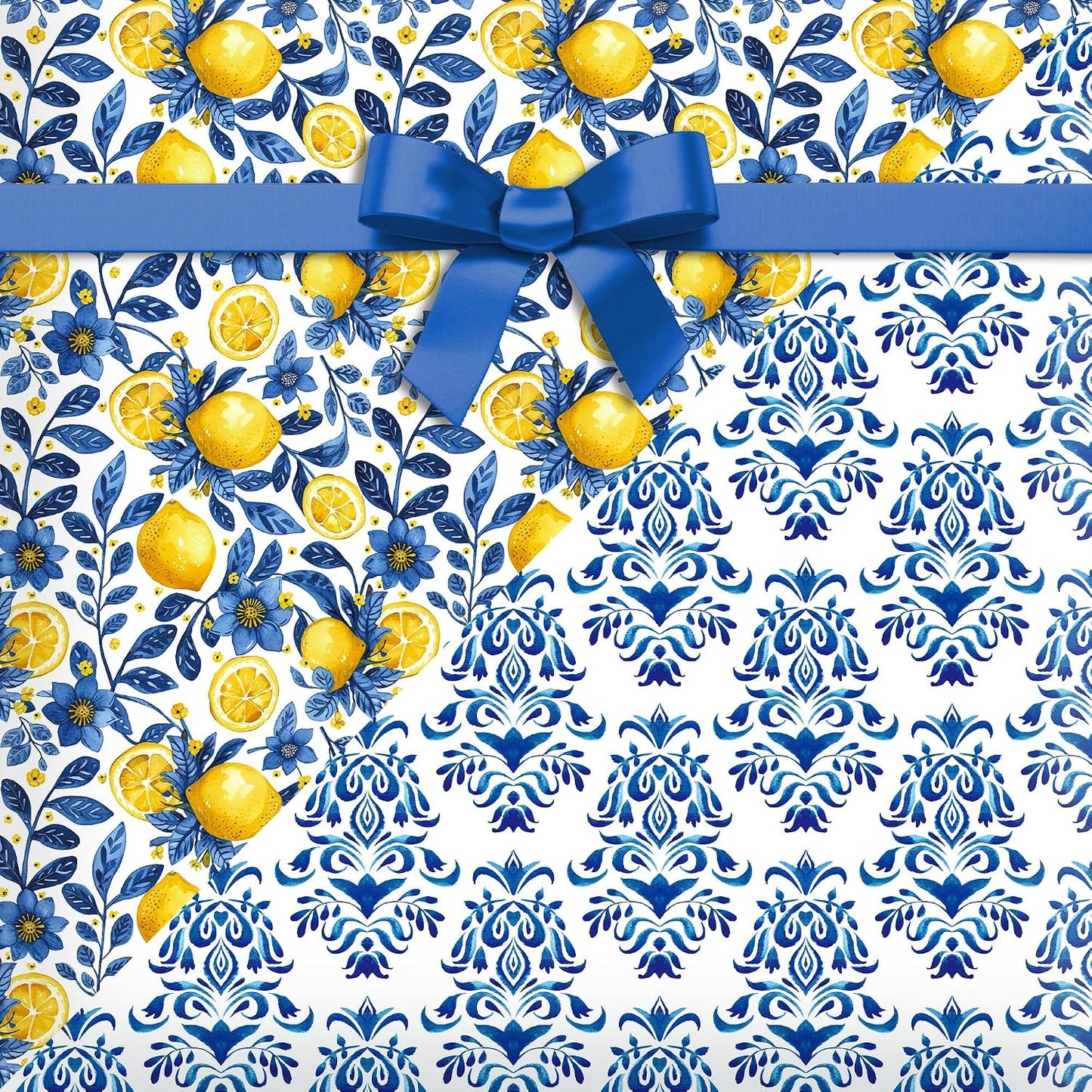 12-Sheet Chinoiserie Lemons Wrapping Paper Set | Watercolor Blue Tiles & Yellow Lemon Designs | 19.7x27.6 Inch Folded Flat Art Paper for Gift Wrapping, DIY Crafts, Weddings & Birthdays.
