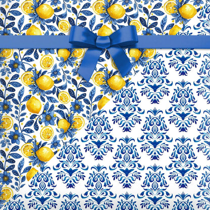 12-Sheet Chinoiserie Lemons Wrapping Paper Set | Watercolor Blue Tiles & Yellow Lemon Designs | 19.7x27.6 Inch Folded Flat Art Paper for Gift Wrapping, DIY Crafts, Weddings & Birthdays.