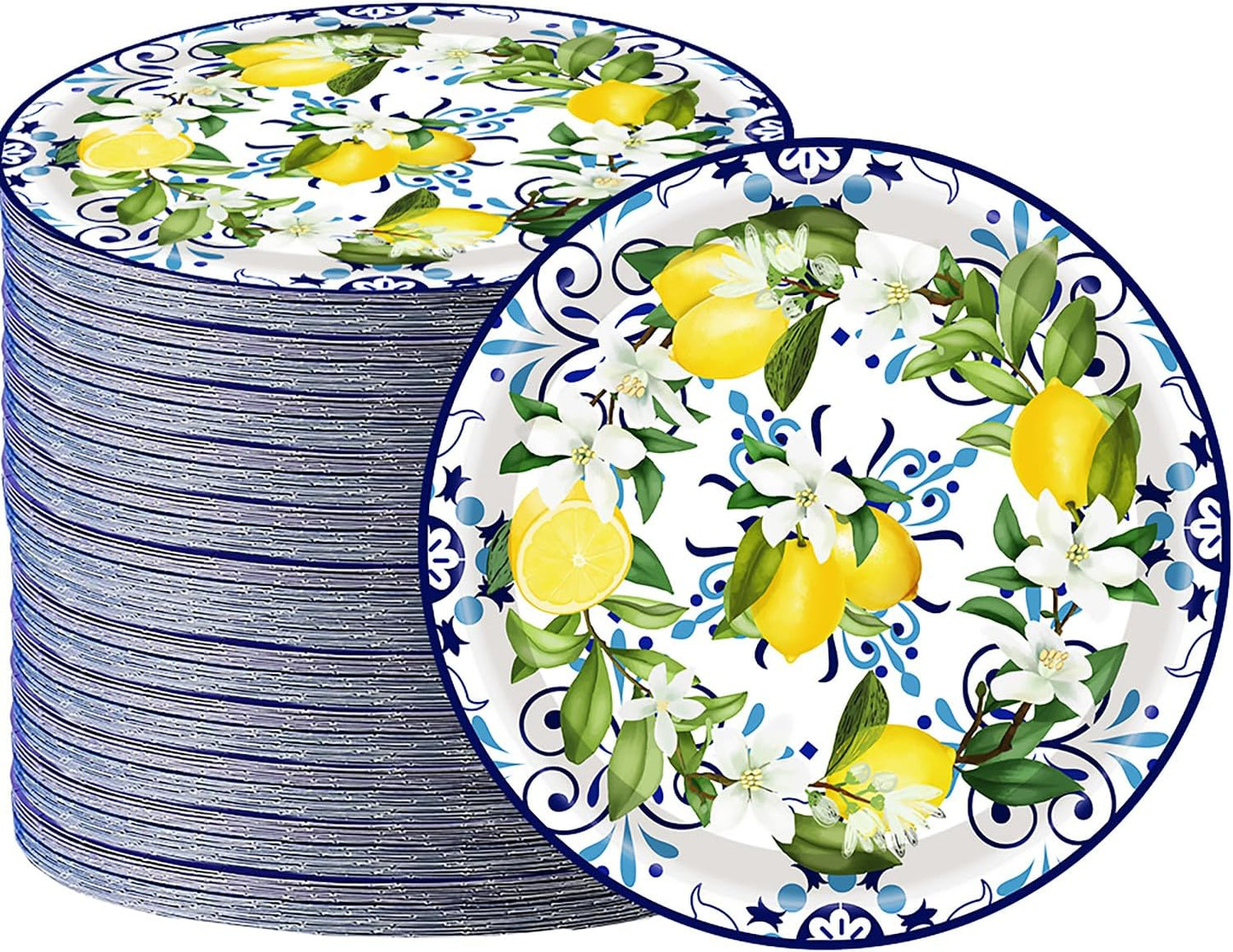 50PCS Capri Lemon Party Supplies7"Lemon Paper Plates Blue Tiles Yellow Lemon Party Plates Capri Lemon Plates Summer Citrus Fruit Paper Plates for Summer Birthday Lemons Party Decoration (Blue Tile)