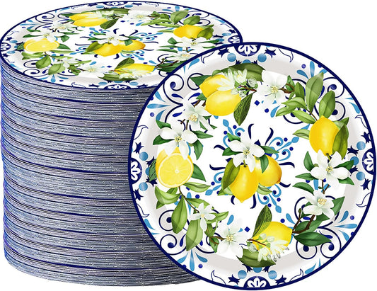 50PCS Capri Lemon Party Supplies7"Lemon Paper Plates Blue Tiles Yellow Lemon Party Plates Capri Lemon Plates Summer Citrus Fruit Paper Plates for Summer Birthday Lemons Party Decoration (Blue Tile)