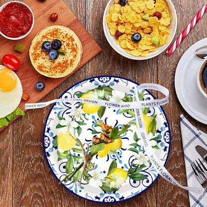 50PCS Capri Lemon Party Supplies7"Lemon Paper Plates Blue Tiles Yellow Lemon Party Plates Capri Lemon Plates Summer Citrus Fruit Paper Plates for Summer Birthday Lemons Party Decoration (Blue Tile)