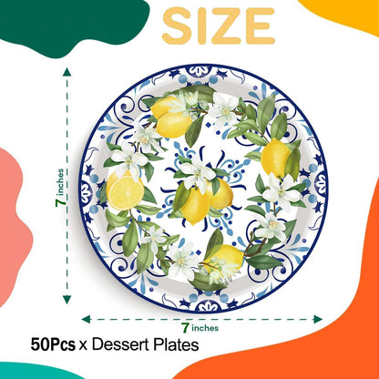 50PCS Capri Lemon Party Supplies7"Lemon Paper Plates Blue Tiles Yellow Lemon Party Plates Capri Lemon Plates Summer Citrus Fruit Paper Plates for Summer Birthday Lemons Party Decoration (Blue Tile)