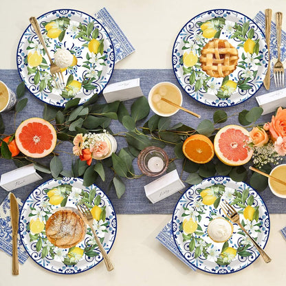 50PCS Capri Lemon Party Supplies7"Lemon Paper Plates Blue Tiles Yellow Lemon Party Plates Capri Lemon Plates Summer Citrus Fruit Paper Plates for Summer Birthday Lemons Party Decoration (Blue Tile)