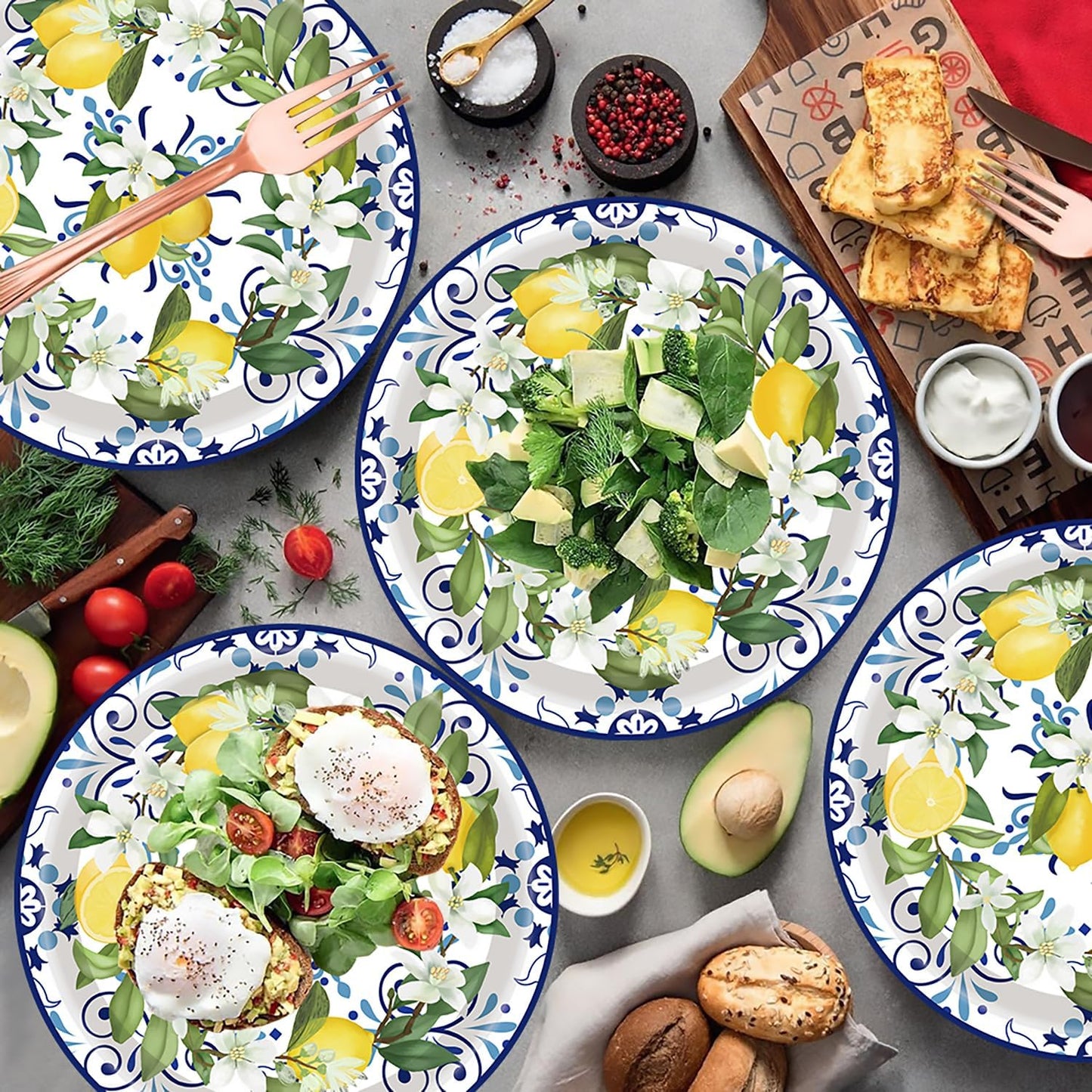 50PCS Capri Lemon Party Supplies7"Lemon Paper Plates Blue Tiles Yellow Lemon Party Plates Capri Lemon Plates Summer Citrus Fruit Paper Plates for Summer Birthday Lemons Party Decoration (Blue Tile)