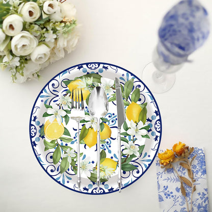 50PCS Capri Lemon Party Supplies7"Lemon Paper Plates Blue Tiles Yellow Lemon Party Plates Capri Lemon Plates Summer Citrus Fruit Paper Plates for Summer Birthday Lemons Party Decoration (Blue Tile)