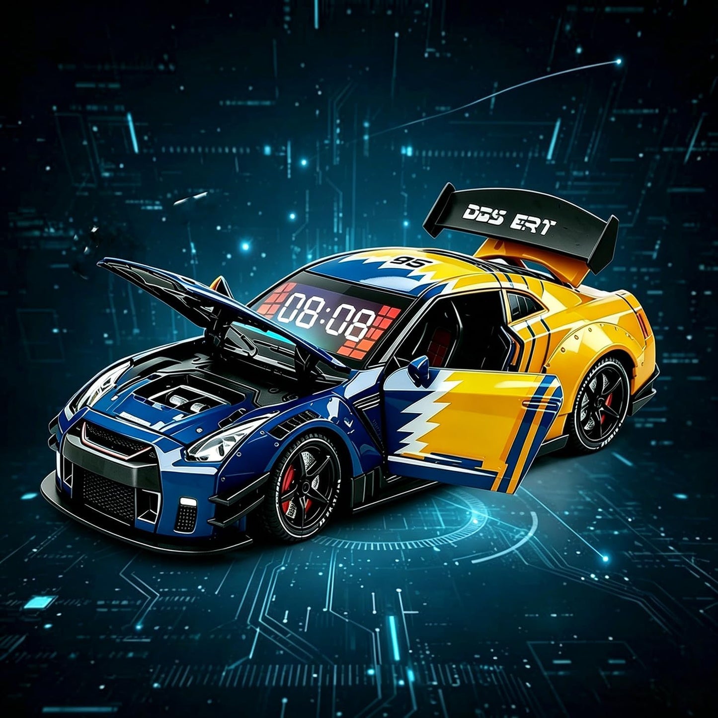 Hyper-car Alarm Clock, Car Alarm Clock, with Crystal Clear LED Display Screen, Digital Clock, Modern Sports Car Nightstand Clocks, Desk Decor with Light Effects (Yellow Blue)
