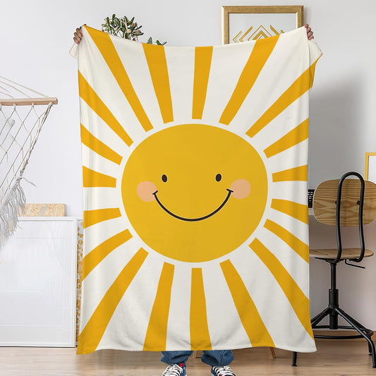 Fall Throw Blanket,Cute Yellow Sun Throw Blanket for Couch Home Decor,Boho Sun Soft Plush Travel Blanket Lightweight,Cozy Throws for Couch,Bed,Naps,Reading50 X 60 Inch