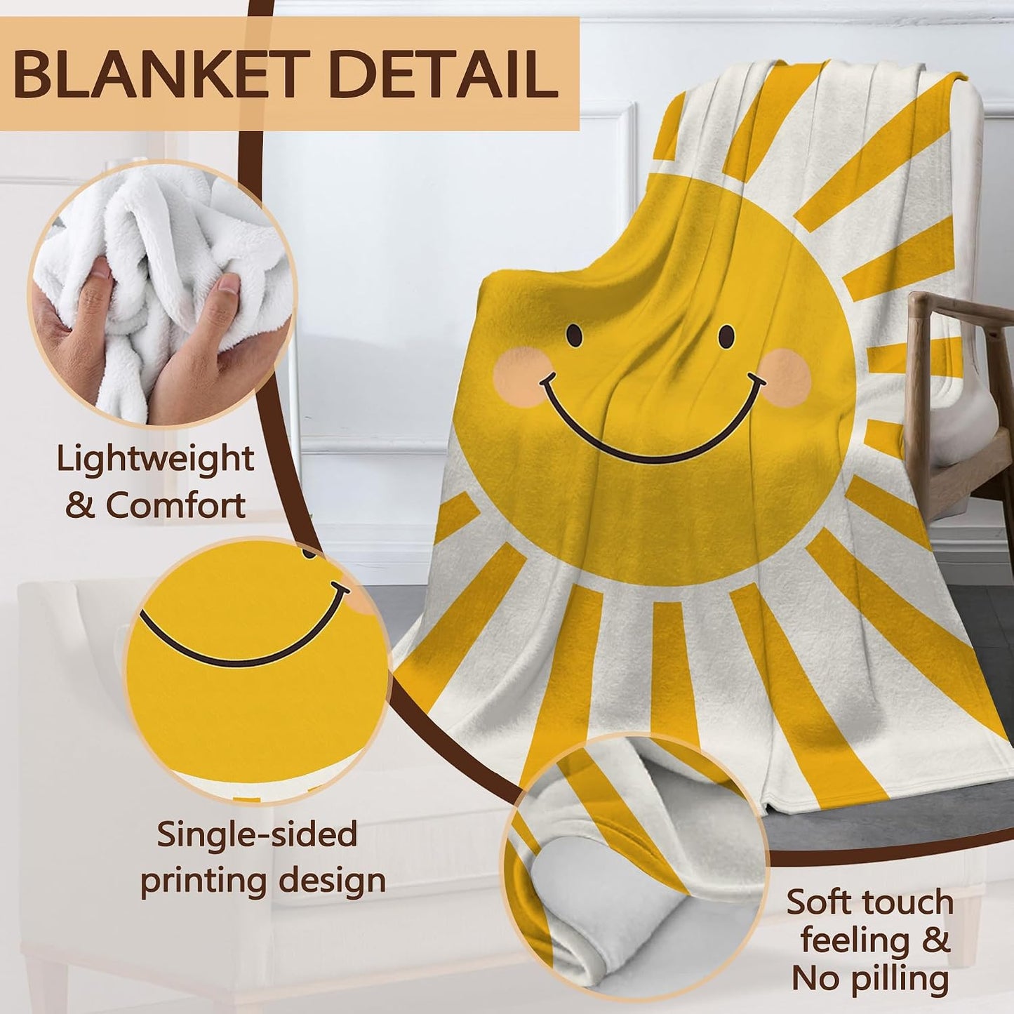 Fall Throw Blanket,Cute Yellow Sun Throw Blanket for Couch Home Decor,Boho Sun Soft Plush Travel Blanket Lightweight,Cozy Throws for Couch,Bed,Naps,Reading50 X 60 Inch