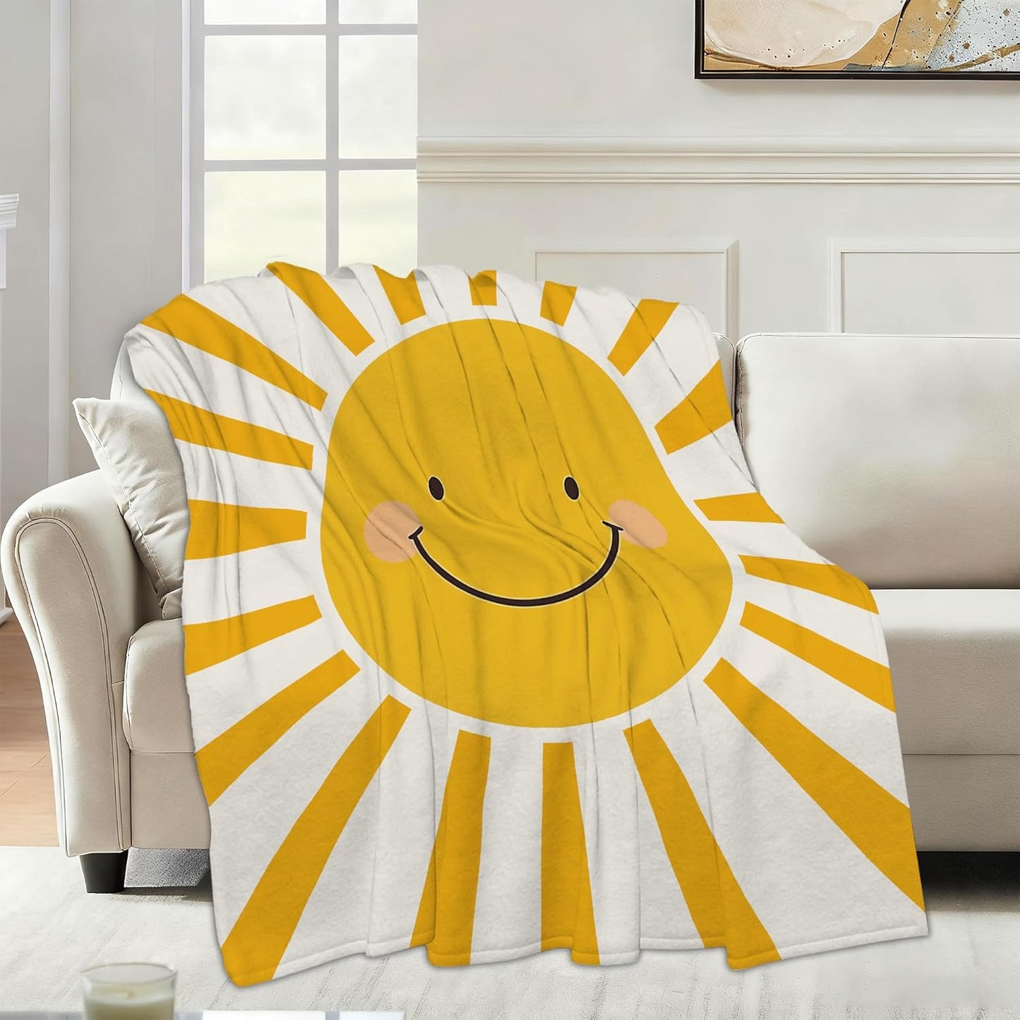 Fall Throw Blanket,Cute Yellow Sun Throw Blanket for Couch Home Decor,Boho Sun Soft Plush Travel Blanket Lightweight,Cozy Throws for Couch,Bed,Naps,Reading50 X 60 Inch