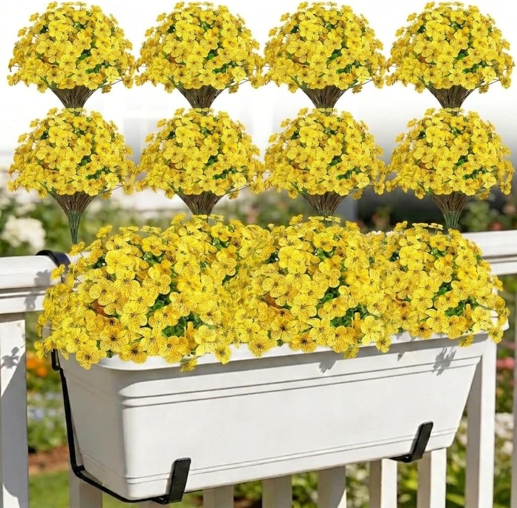 24 Bundles Artificial Flowers, UV Resistant No Fade Plastic Fake Plants, Indoor Outdoor Decorative Faux Flowers for Garden Patio Porch Window Hanging Planter Home Party (Yellow)