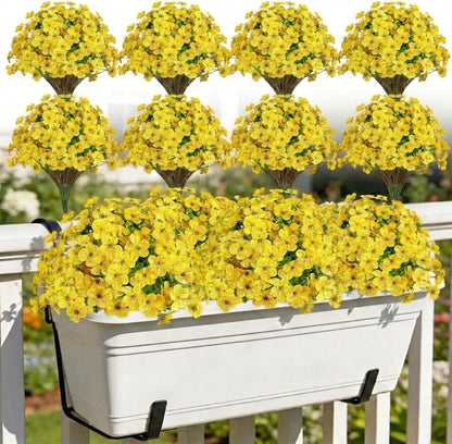 24 Bundles Artificial Flowers, UV Resistant No Fade Plastic Fake Plants, Indoor Outdoor Decorative Faux Flowers for Garden Patio Porch Window Hanging Planter Home Party (Yellow)