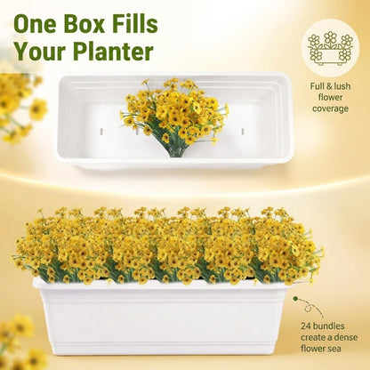 24 Bundles Artificial Flowers, UV Resistant No Fade Plastic Fake Plants, Indoor Outdoor Decorative Faux Flowers for Garden Patio Porch Window Hanging Planter Home Party (Yellow)
