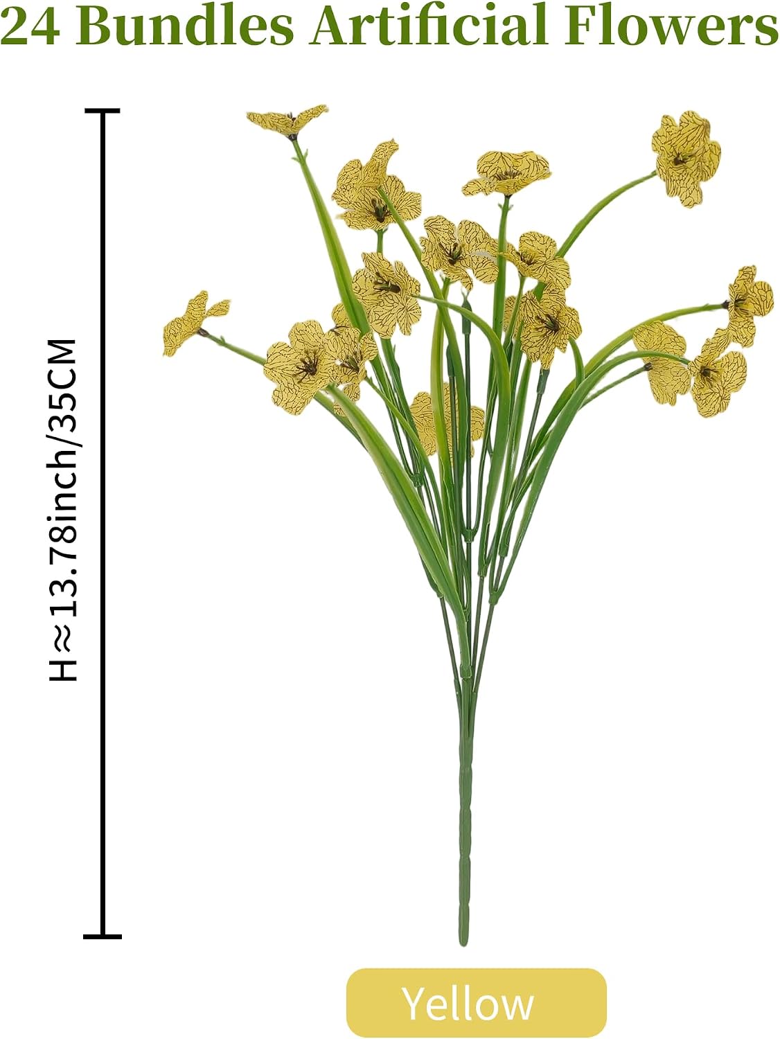 24 Bundles Artificial Flowers, UV Resistant No Fade Plastic Fake Plants, Indoor Outdoor Decorative Faux Flowers for Garden Patio Porch Window Hanging Planter Home Party (Yellow)