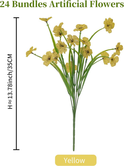 24 Bundles Artificial Flowers, UV Resistant No Fade Plastic Fake Plants, Indoor Outdoor Decorative Faux Flowers for Garden Patio Porch Window Hanging Planter Home Party (Yellow)