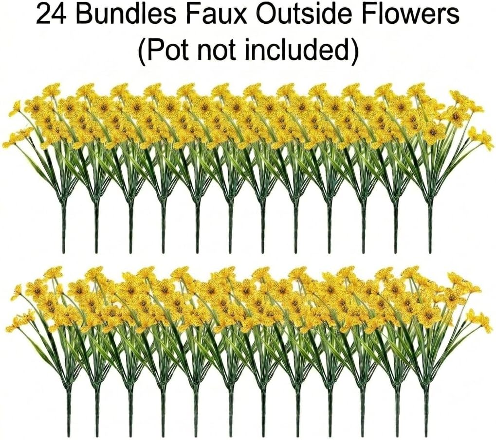 24 Bundles Artificial Flowers, UV Resistant No Fade Plastic Fake Plants, Indoor Outdoor Decorative Faux Flowers for Garden Patio Porch Window Hanging Planter Home Party (Yellow)